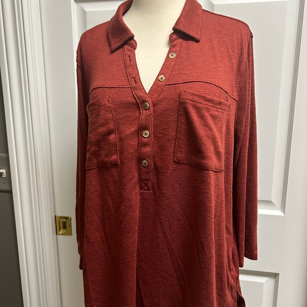 Sonoma Womens Shirt Rust Burgundy Maroon Buttons Henley Pockets Collared XL EUC